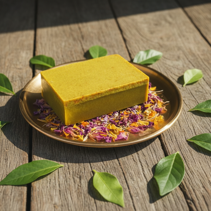Green bar of soap on a decorative plate with flowers and leaves on a wooden surface