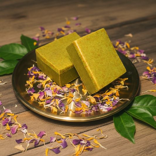 Two green soap bars on a metallic plate with dried flowers against a green background